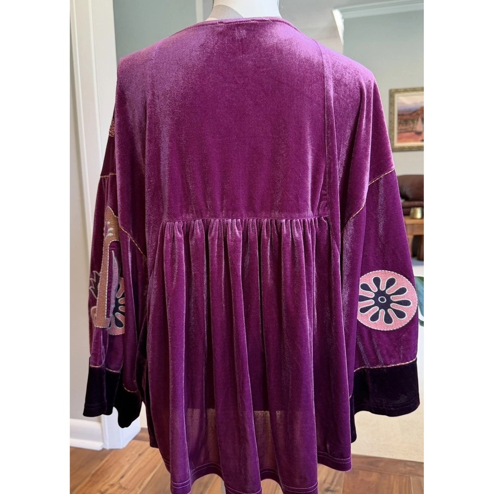 Easel Women's Embroidered Velvet Tunic Top Magenta Size Large Boho Peasant - Picture 8 of 14